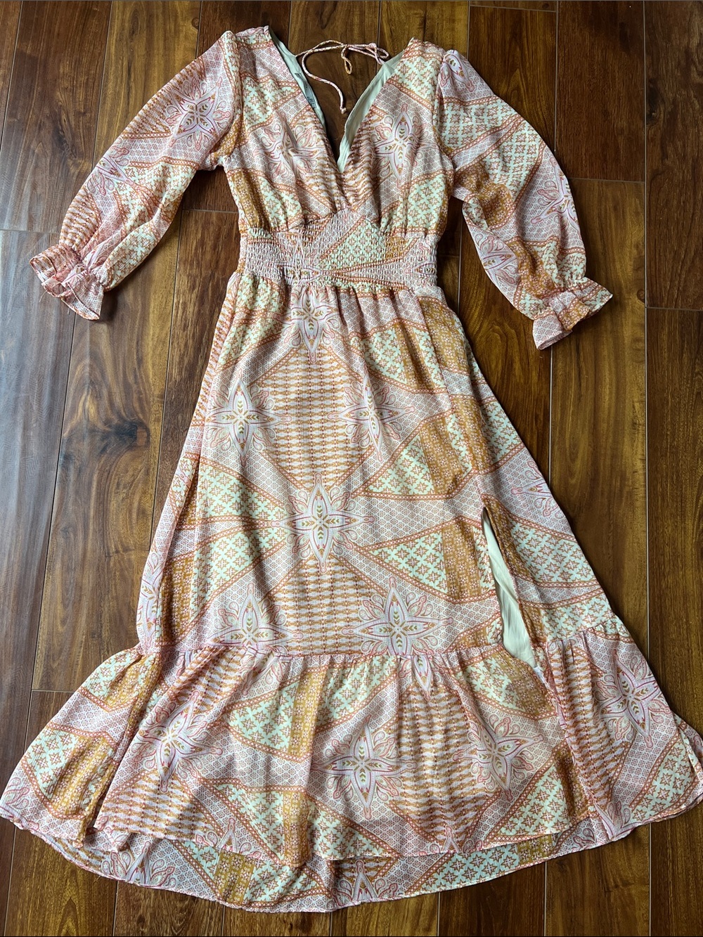 Boho Maxi Dress in Peach Print - Women's V-Neck Long Sleeve